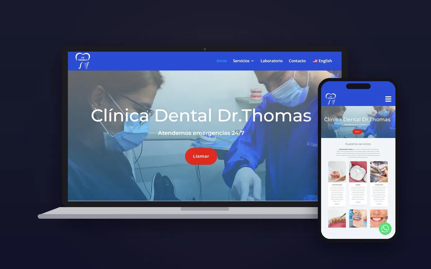 Sitio web de la Clínica Dental Dr. Thomas en laptop y celular